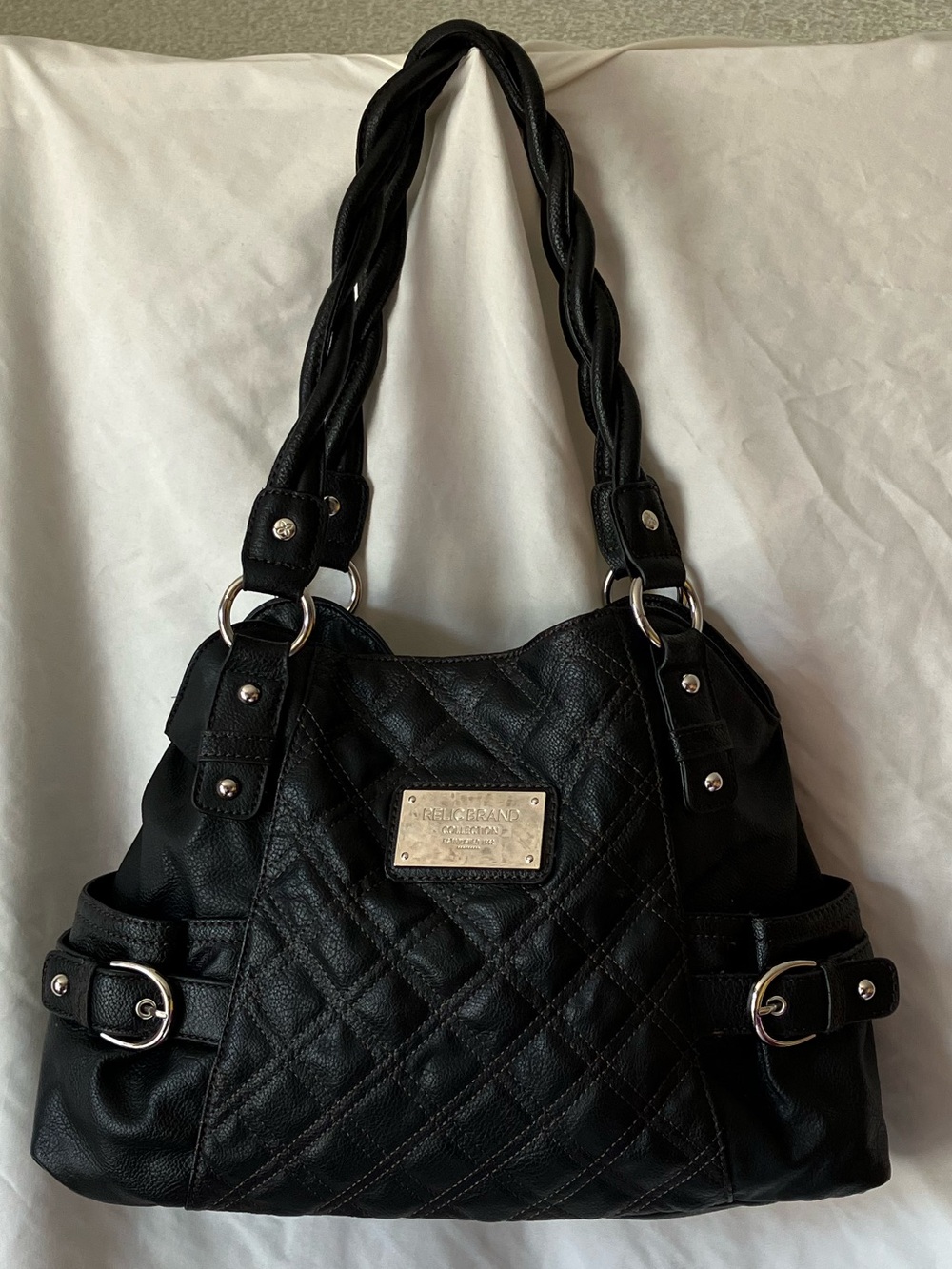 Relic Brand Collection Black Quilted Shoulder Bag Purse Silver Hardware Braided